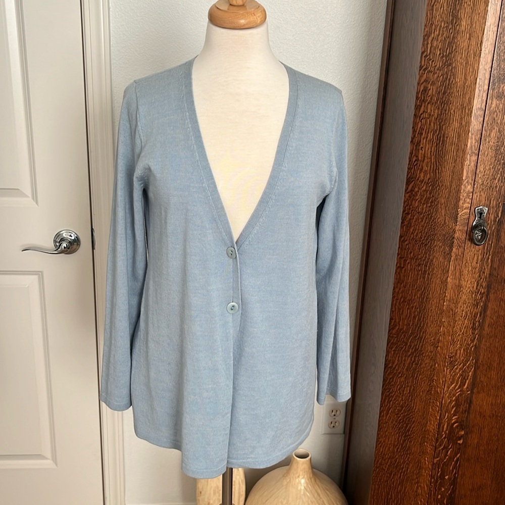 Eileen Fisher 100% Merino Wool Light Blue Cardigan Size Small.
